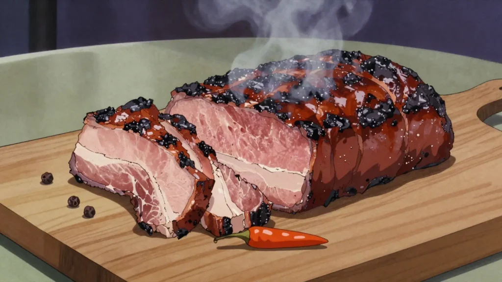 Jerk pork, pork rubbed with pimento and scotch bonnet, smoked slowly over pimento wood, Jamaica main, anime style