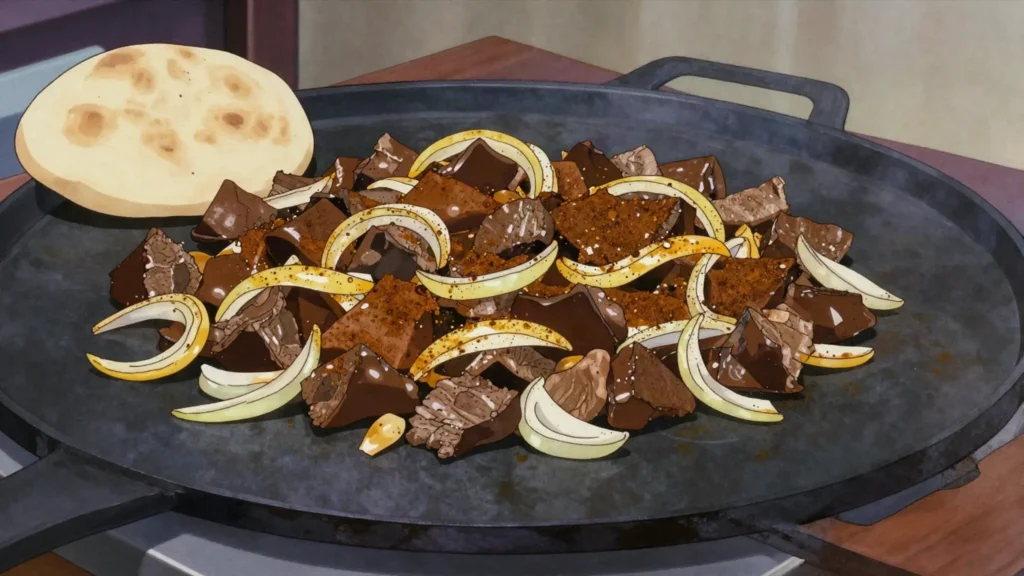 Jerusalem mixed grill, chicken hearts, livers and lamb griddled with onion and baharat, Israel street food, anime style