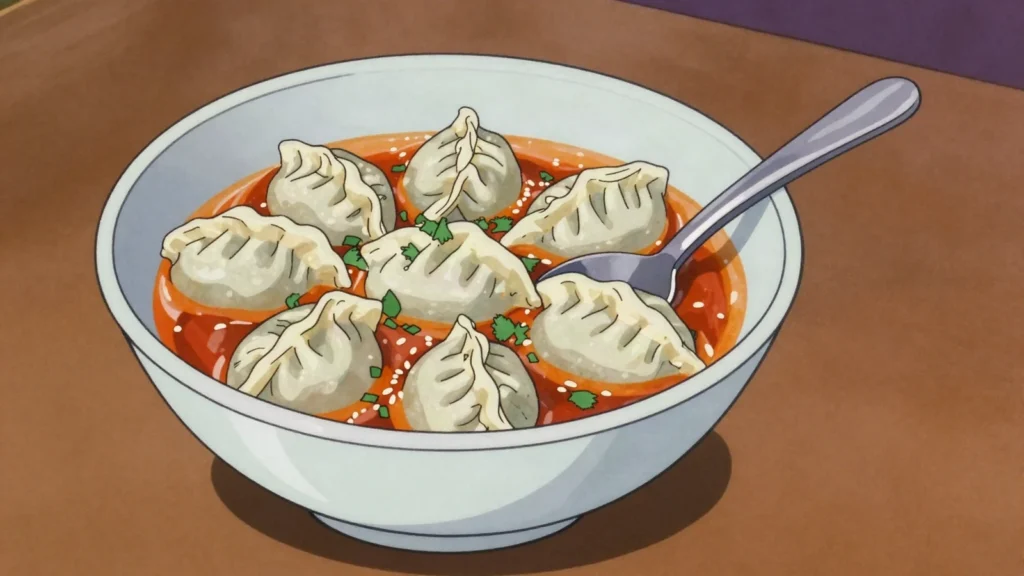 Jhol Momo, steamed dumplings floated in a soupy sesame-and-tomato broth, eaten with a spoon, Nepal street food, anime style