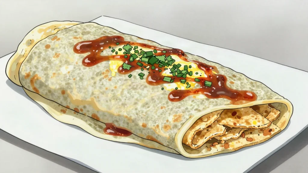 Jianbing, savory mung-bean crepe with egg, crisp cracker, scallions and hoisin-chili sauce, China street food, anime style