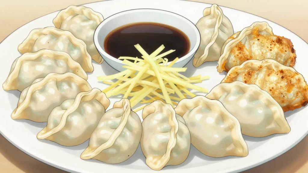 Jiaozi, boiled or pan-fried pork-and-cabbage dumplings, essential at Lunar New Year, China main, anime style
