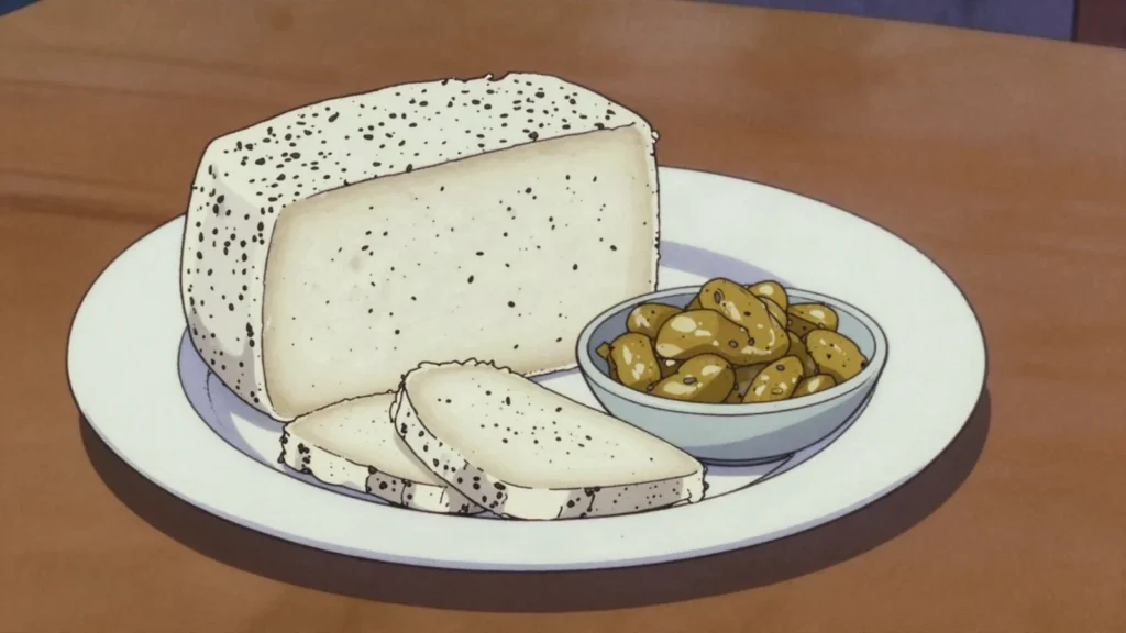Jibna beida, salty white brined cheese, squeaky and firm, eaten at breakfast with ful, Sudan cheese & dairy, anime style