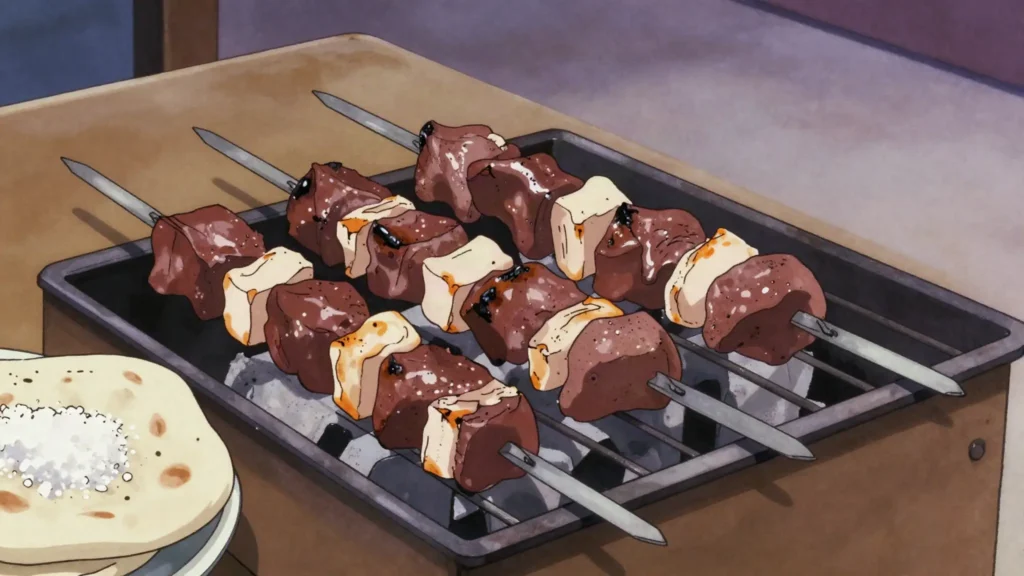 Jigaraki, lamb liver, heart and fat grilled on skewers, eaten with bread and salt, Iran street food, anime style