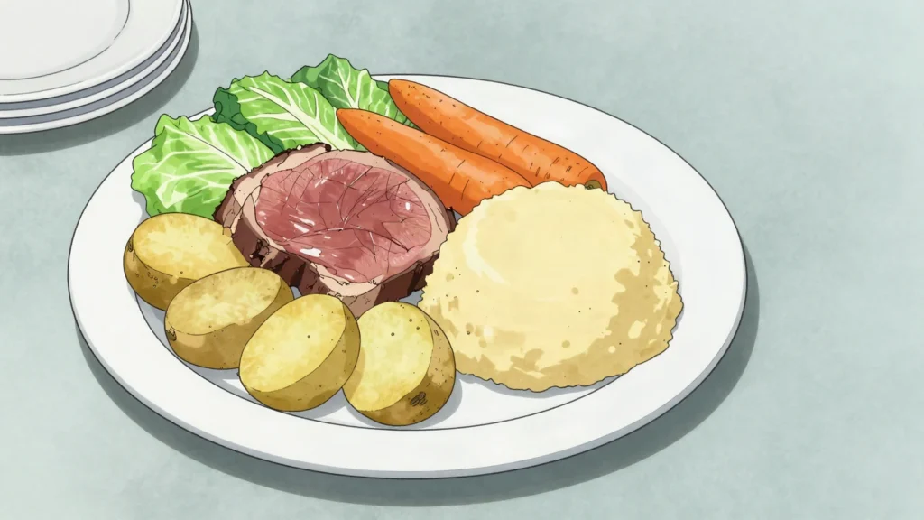 Jiggs dinner, boiled salt beef with cabbage, root vegetables and a cloth-boiled pease pudding, Canada main, anime style