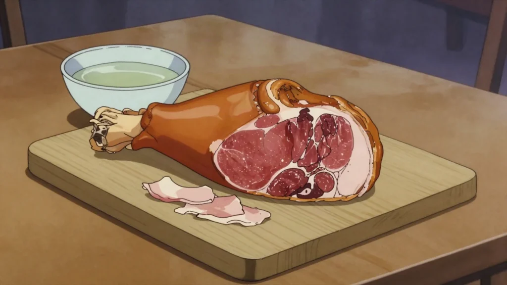 Jinhua Ham, salt-cured Zhejiang pork leg aged for months, shaved into broths for, China charcuterie & cured, anime style
