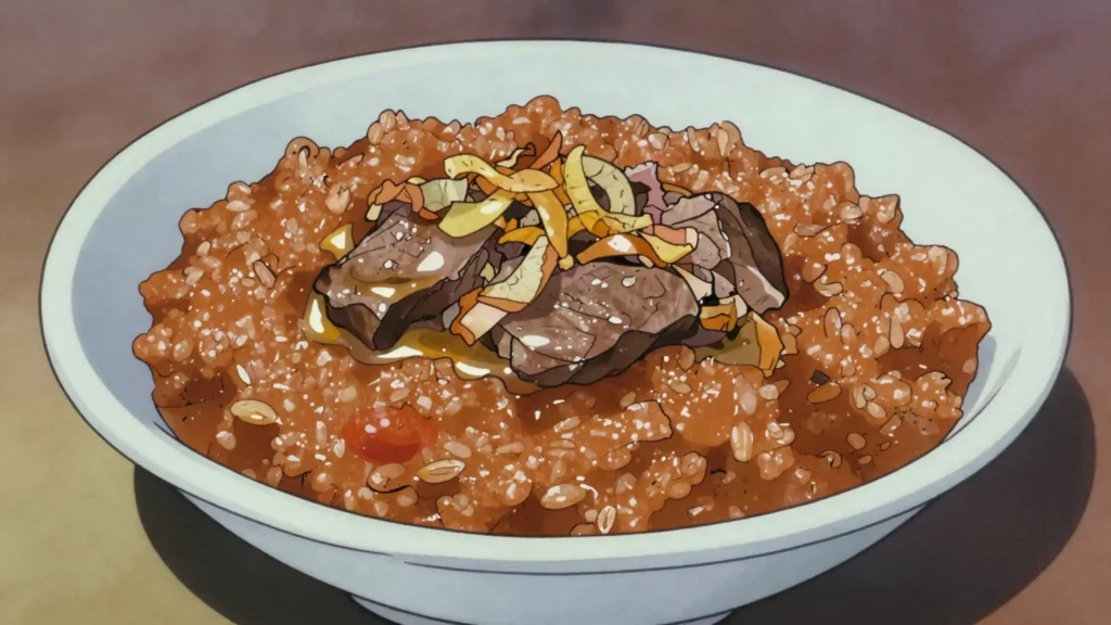Jireesh, cracked wheat cooked with meat and tomato to a coarse porridge, Kuwait main, anime style