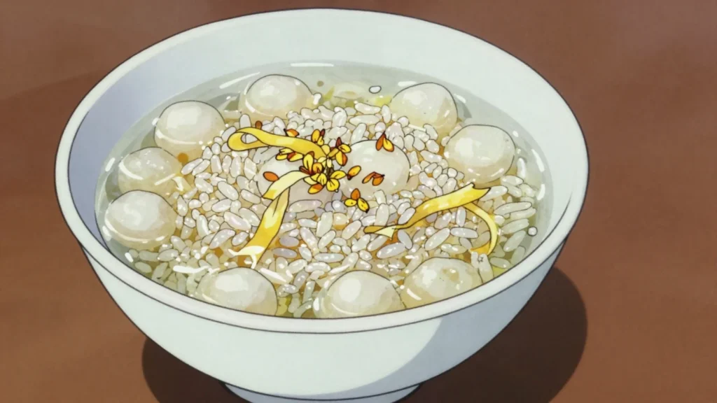 Jiuniang, sweet fermented glutinous rice, lightly alcoholic; spooned into soups with, China fermented & pickled, anime style