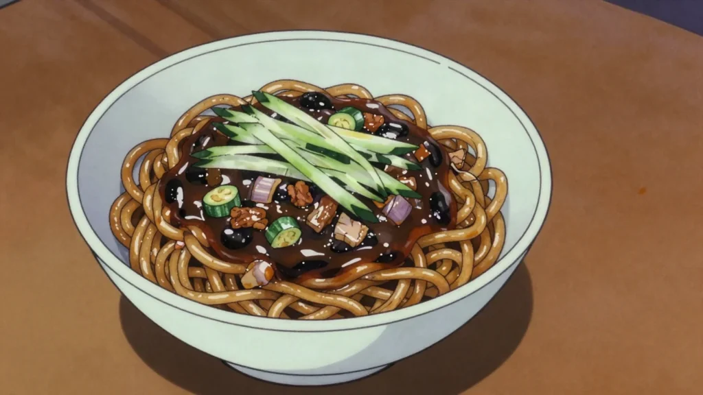 Jjajangmyeon, korean-Chinese noodles in glossy black-bean sauce with pork and onion, South Korea main, anime style