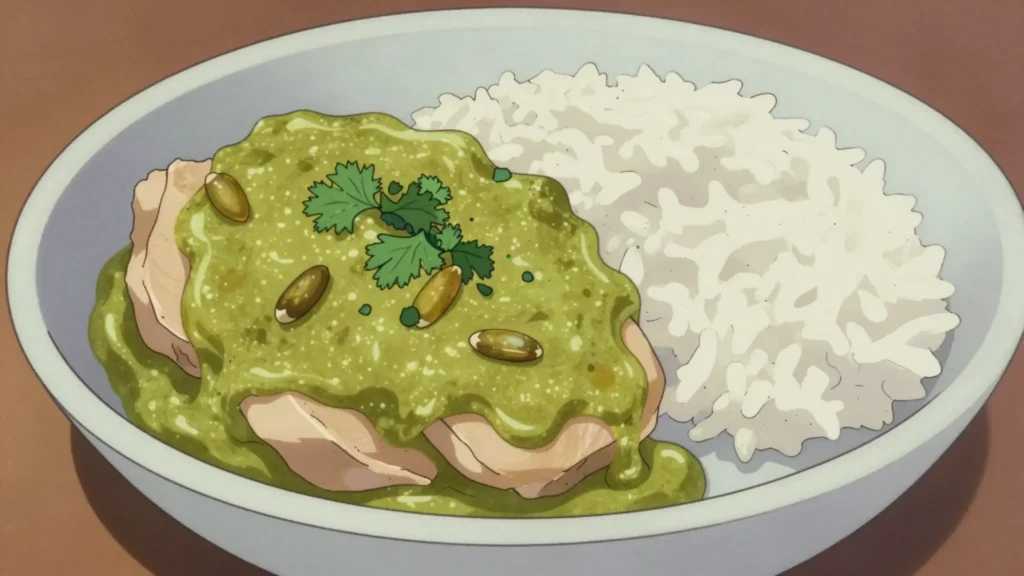 Jocón, chicken stewed in green tomatillo-cilantro sauce, Guatemala soup & stew, anime style