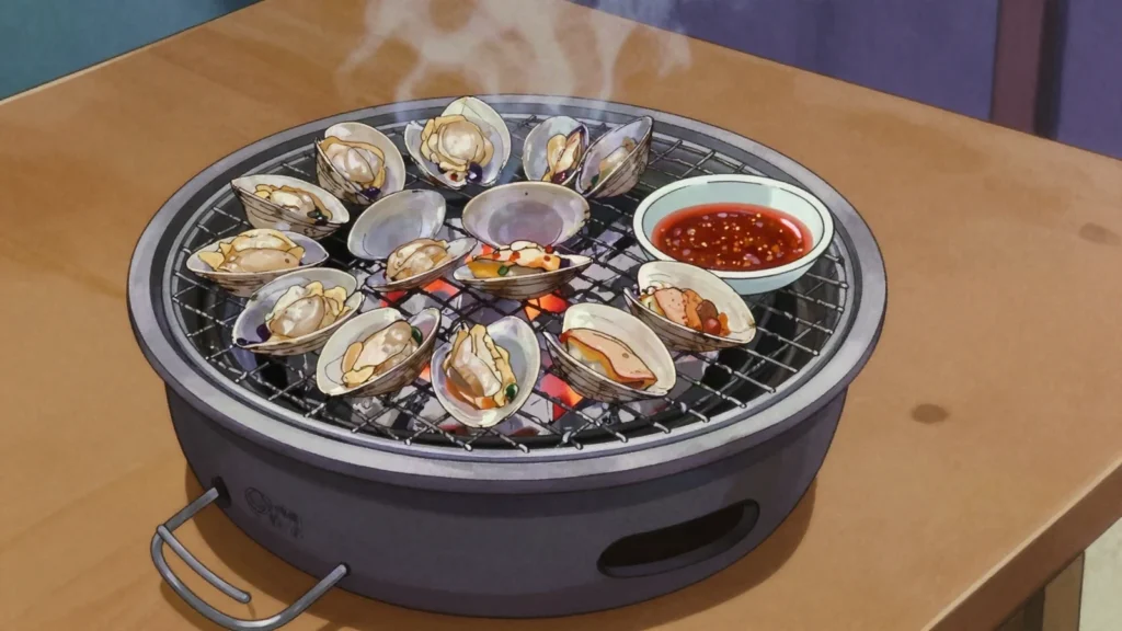Jogae Gui, clams grilled in their shells over an open flame at seaside stalls, North Korea street food, anime style
