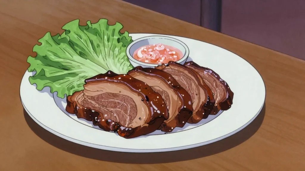 Jokbal, pig trotters braised glossy in soy, ginger and spices, sliced with shrimp sauce, South Korea main, anime style