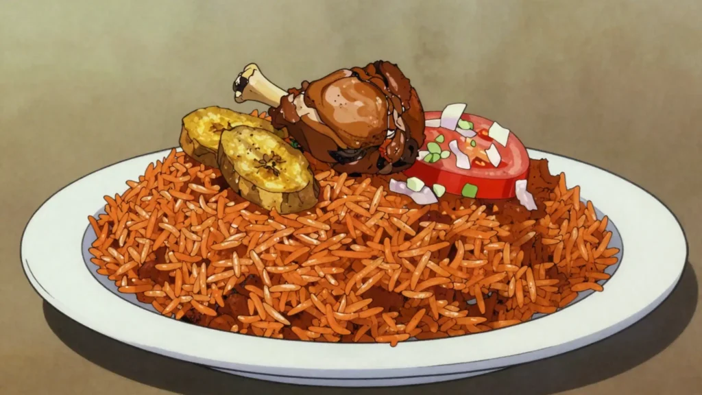 Jollof rice, rice steamed in smoky tomato-pepper stew base; fierce national pride, Ghana main, anime style