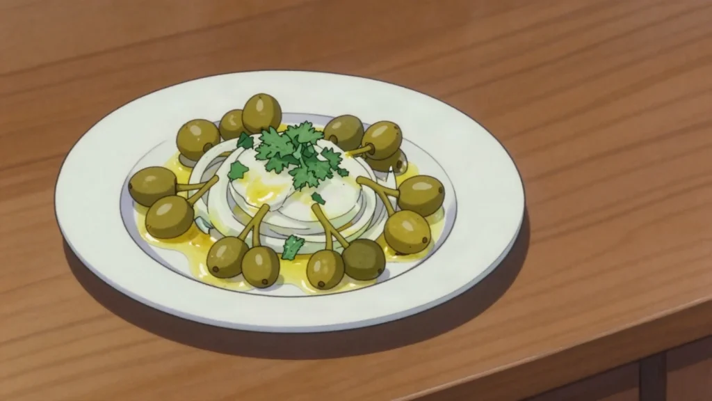 Jonjoli, pickled bladdernut flower buds dressed with onion and sunflower oil, Georgia fermented & pickled, anime style