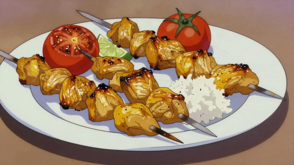 Joojeh kabab, saffron-lime marinated chicken grilled on skewers, Iran main, anime style