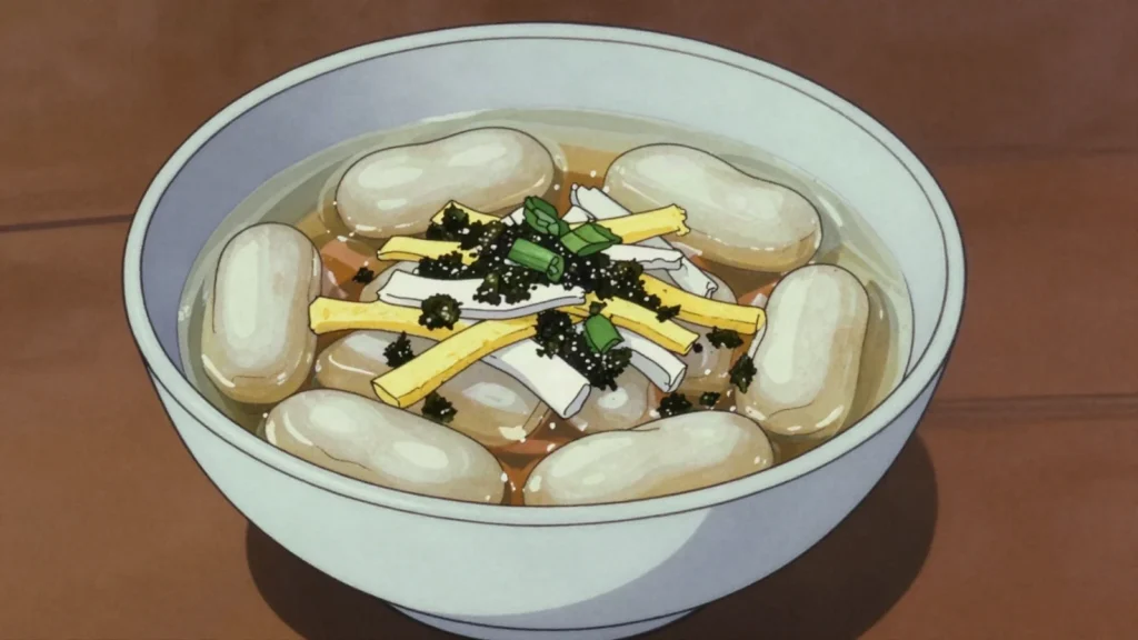 Joraengi Tteokguk, kaesong soup of bottle-gourd-shaped rice cakes in clear broth, North Korea soup & stew, anime style