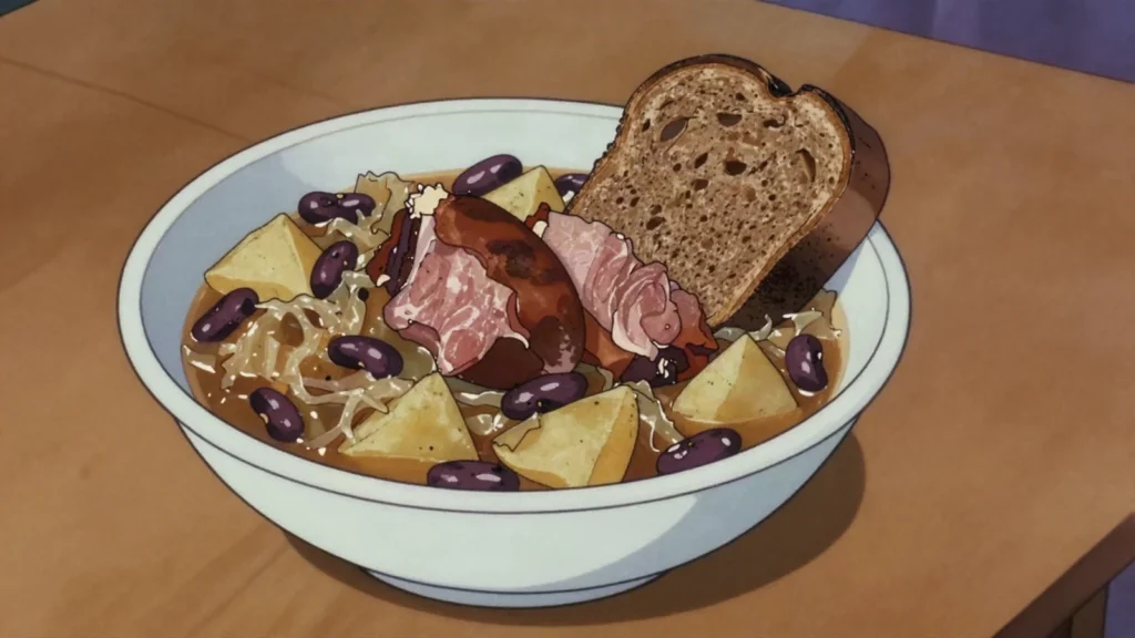 Jota, sauerkraut, bean and potato stew with smoked pork, Slovenia soup & stew, anime style