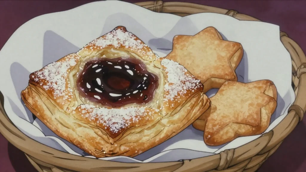Joulutorttu, puff pastry star filled with prune jam and dusted with icing sugar, Finland bread & pastry, anime style
