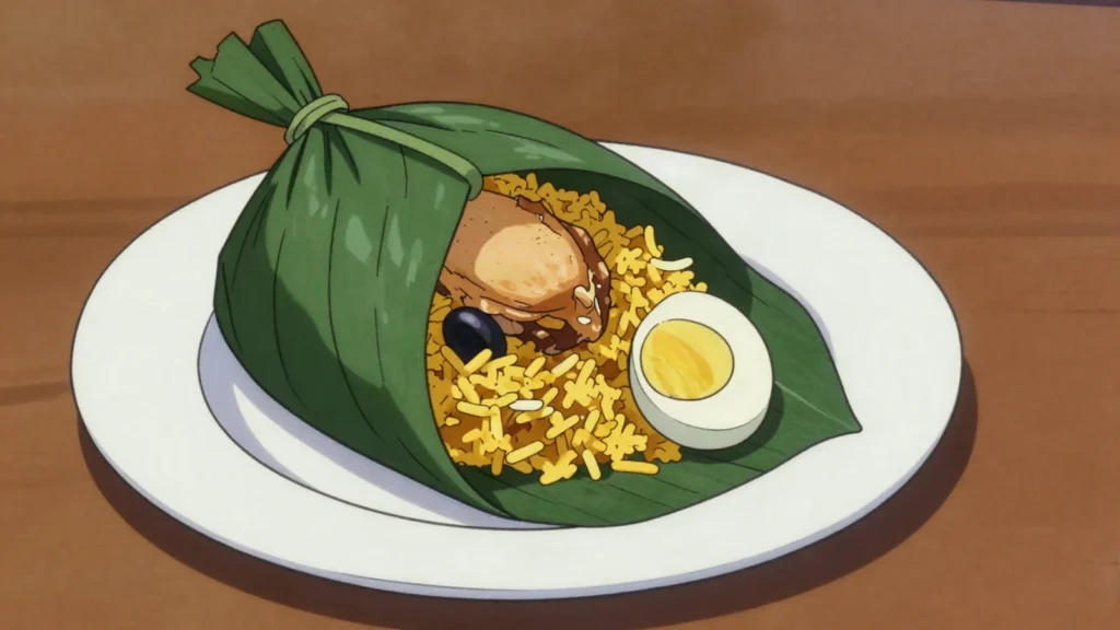 Juane, rice, chicken and olives steamed in bijao leaf, jungle festival dish, Peru main, anime style