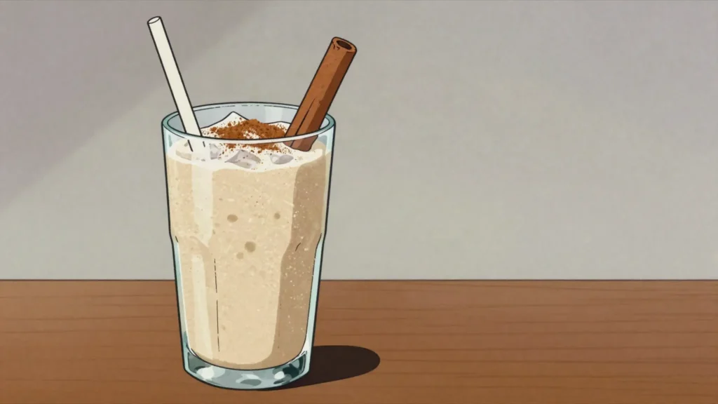 Jugo de avena, oats blended with milk, sugar and cinnamon and served ice cold, Dominican Republic drink, anime style