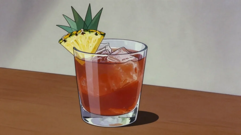 Jungle Bird, dark rum, Campari, pineapple juice and lime, served long over ice, Malaysia cocktail, anime style