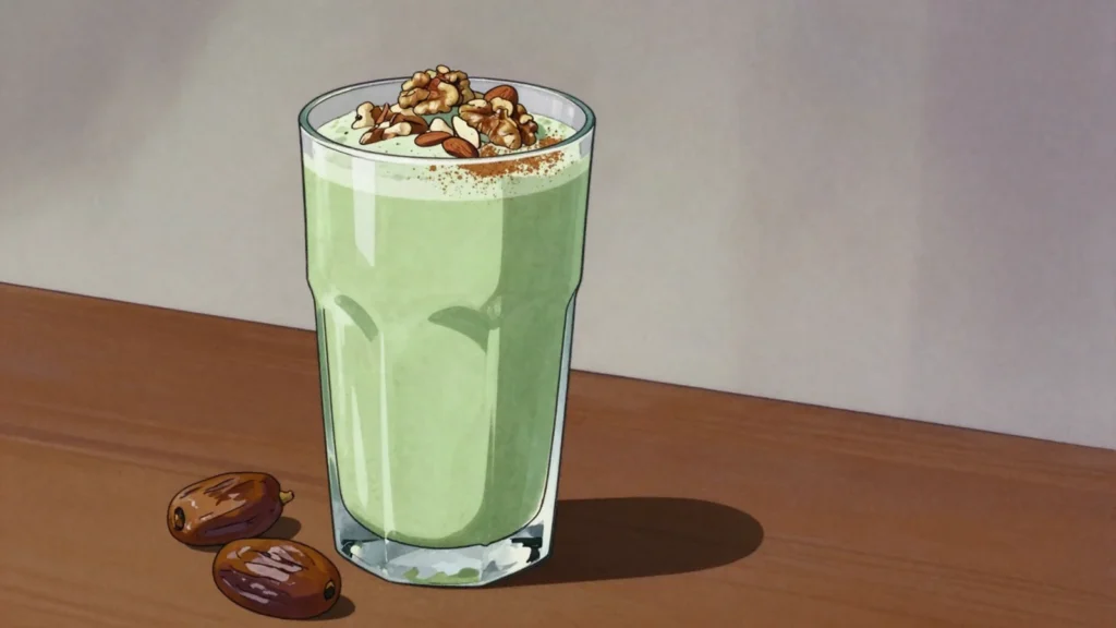 Jus d'avocat, thick avocado and milk shake blended with almonds, dates and sugar, Morocco drink, anime style