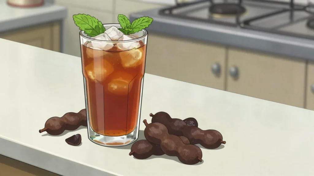 Jus de tamarin, tamarind steeped with sugar and served iced in knotted sachets, Mali drink, anime style