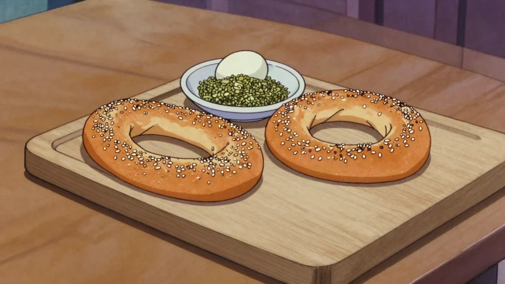 Ka'ak al-Quds, oblong sesame bread rings from Jerusalem carts, with falafel or za'atar, Palestine street food, anime style