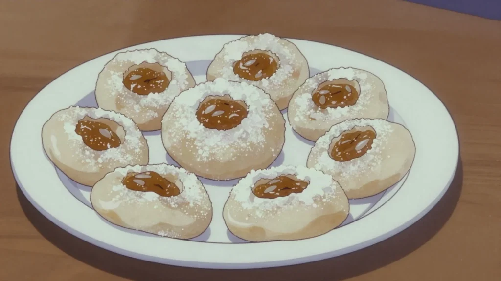 Kaak Warka, delicate almond-paste rings scented with rosewater, the Tunis wedding pastry, Tunisia dessert, anime style