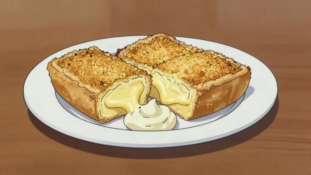 Kaassoufflé, breaded slab of melting cheese deep fried, sold from snack-bar walls, Netherlands street food, anime style