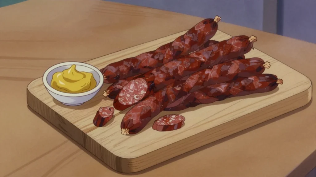 Kabanosy, long thin dried pork sticks, smoky and snappy, eaten as a snack, Poland charcuterie & cured, anime style