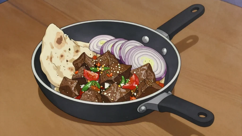 Kabda, lamb liver fried hard with tomato, chilli and cumin, scooped up with bread, Yemen street food, anime style