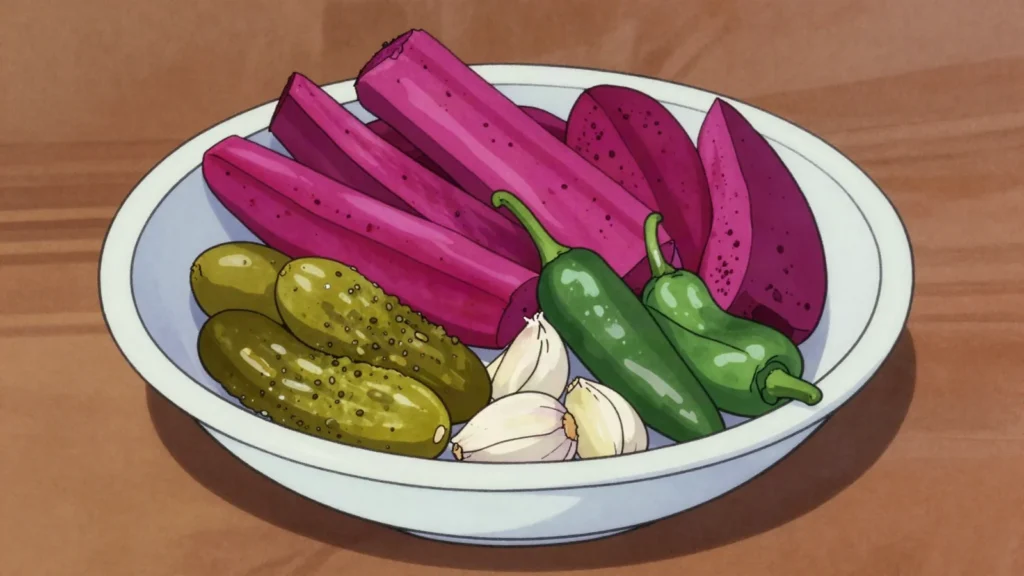 Kabees, brined turnips dyed pink with beetroot, plus cucumbers and wild cucumber, Lebanon fermented & pickled, anime style