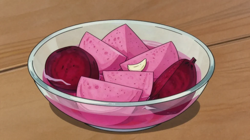 Kabees el lift, turnips brined bright pink with beetroot, eaten with falafel and, Syria fermented & pickled, anime style