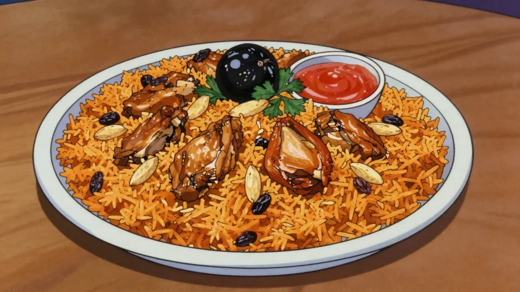 Kabsa, spiced rice with chicken or lamb, dried lime and tomato; national platter, Saudi Arabia main, anime style