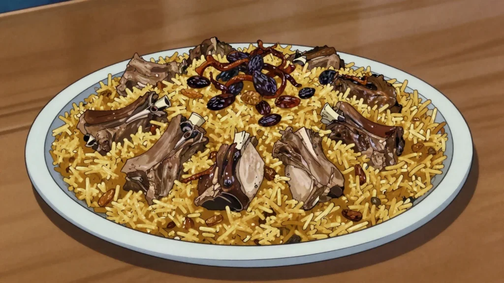 Kabuli, spiced rice layered with lamb or chicken, raisins and fried onion, Oman main, anime style