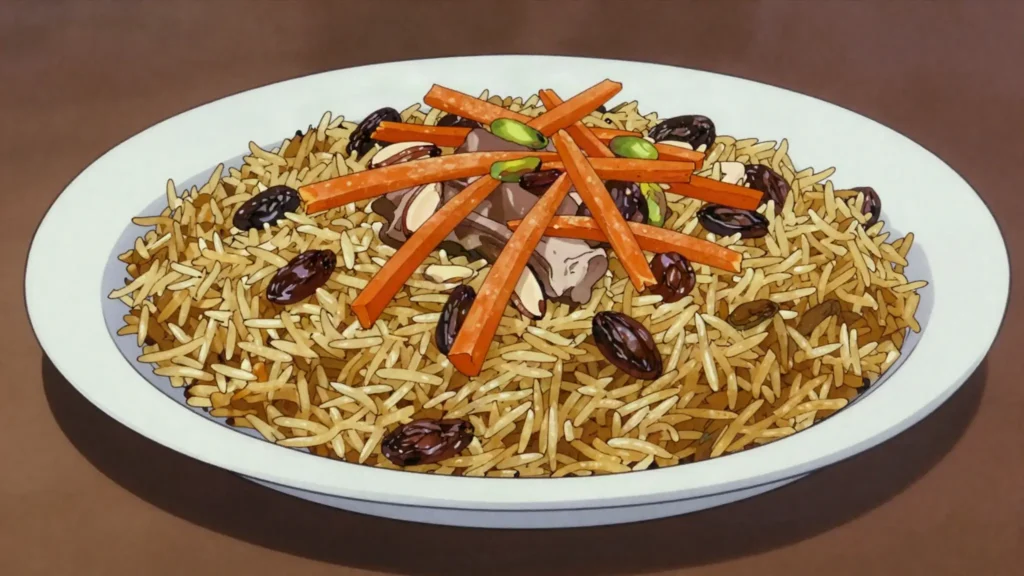 Kabuli Pulao, national rice pilaf with lamb, caramelized carrots, raisins and almonds, Afghanistan main, anime style