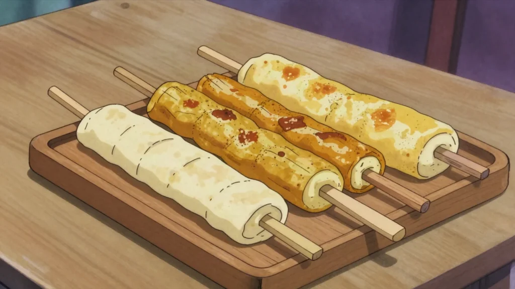Kaburé, cassava and cheese dough wrapped on a stick and roasted over coals, Paraguay street food, anime style