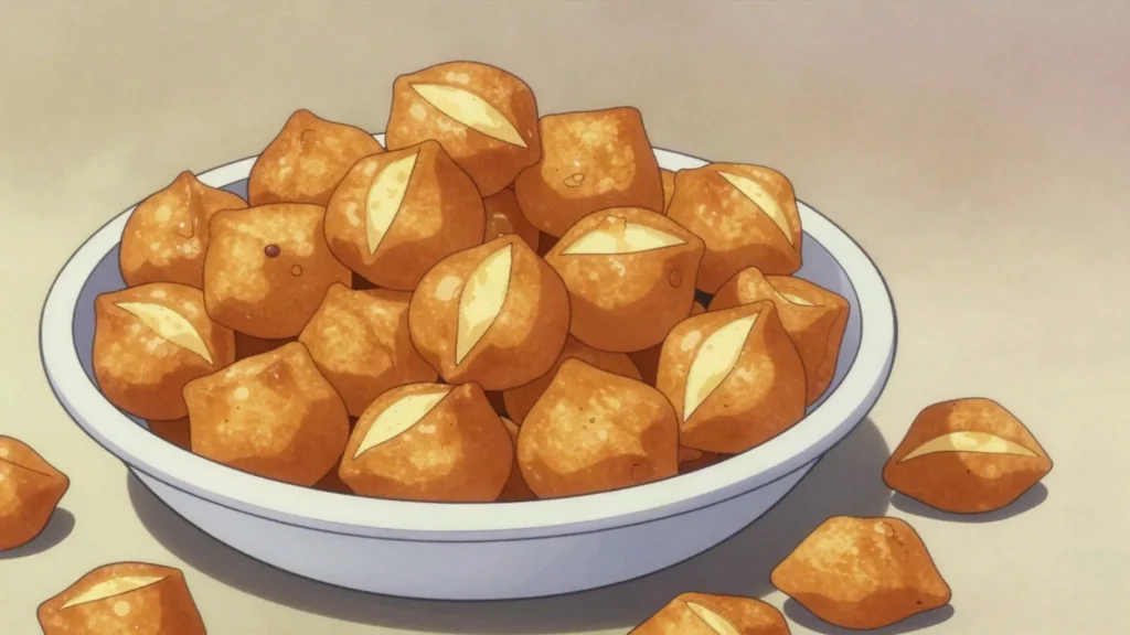 Kac kac, fried dough diamonds, lightly sweet and crisp, Djibouti snack, anime style