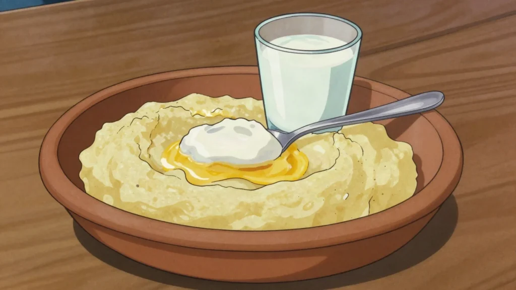 Kačamak, potato-cornmeal porridge beaten with kajmak and cheese, Montenegro main, anime style