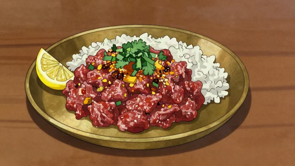 Kachila, raw minced buffalo dressed with mustard oil, ginger and roasted spices, Nepal salad & side, anime style