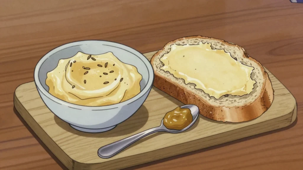 Kachkéis, runny cooked-cheese spread on buttered bread with mustard, Luxembourg cheese & dairy, anime style