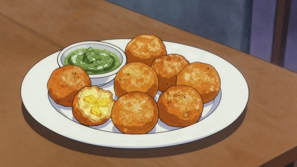 Kachori, spiced mashed potato balls coated in batter and deep-fried, Tanzania street food, anime style