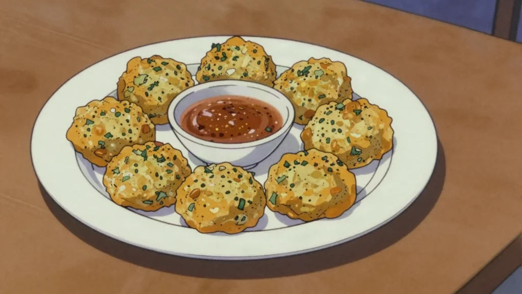 Kachourie, fried split-pea and herb fritters eaten with tamarind and pepper sauce, Trinidad and Tobago snack, anime style