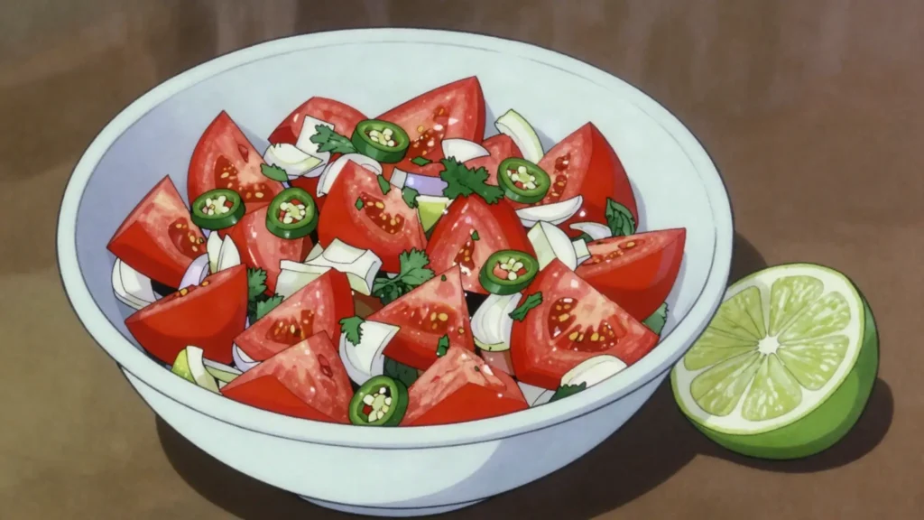 Kachumbari, fresh tomato, onion and chili salad squeezed with lime, Kenya salad & side, anime style