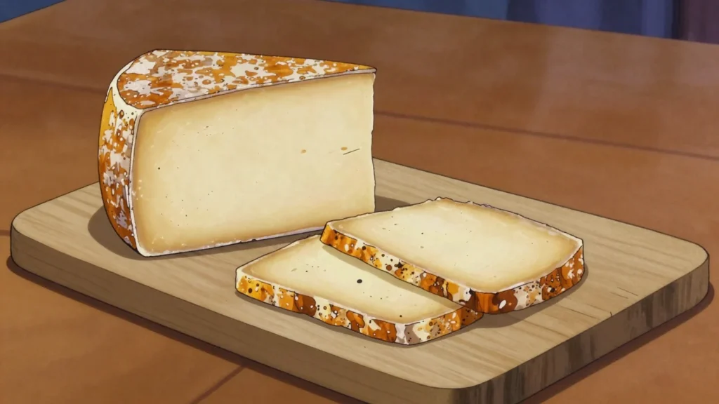 Kaçkavall, firm yellow sheep or cow cheese, sliced, grilled or grated, Albania cheese & dairy, anime style