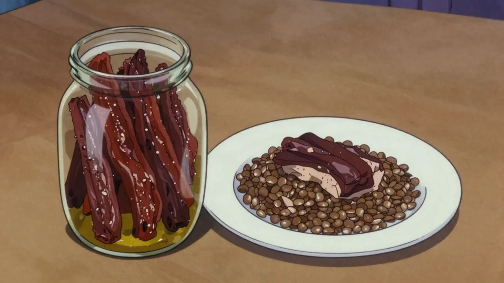 Kaddid, mutton strips salted with coriander and chili, sun-dried and stored in fat, Tunisia charcuterie & cured, anime style