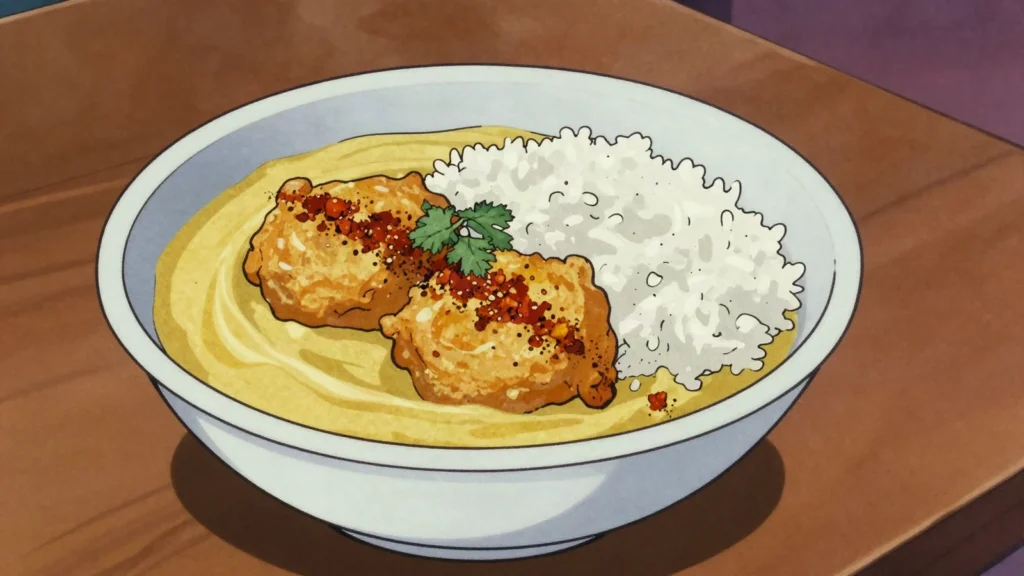 Kadhi Pakora, tangy yoghurt and gram-flour gravy holding fried onion fritters, ladled, Pakistan soup & stew, anime style