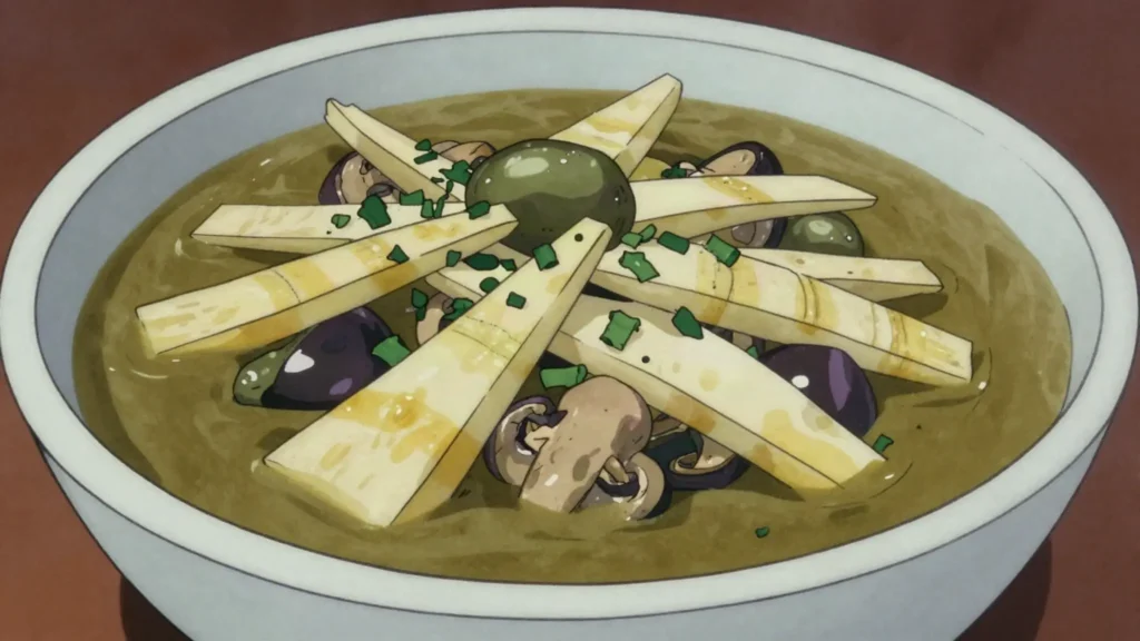 Kaeng No Mai, bamboo shoot stew thickened with ground yanang leaf and seasoned with padaek, Laos soup & stew, anime style