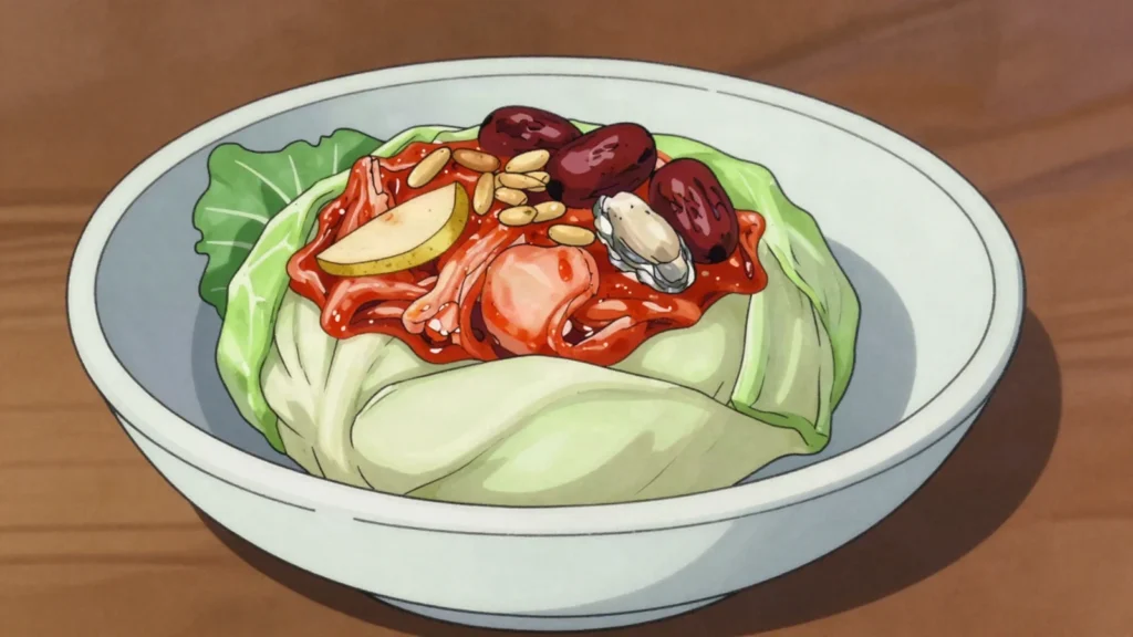 Kaesong Bossam Kimchi, kimchi parcels wrapped in cabbage leaves around pear, North Korea fermented & pickled, anime style