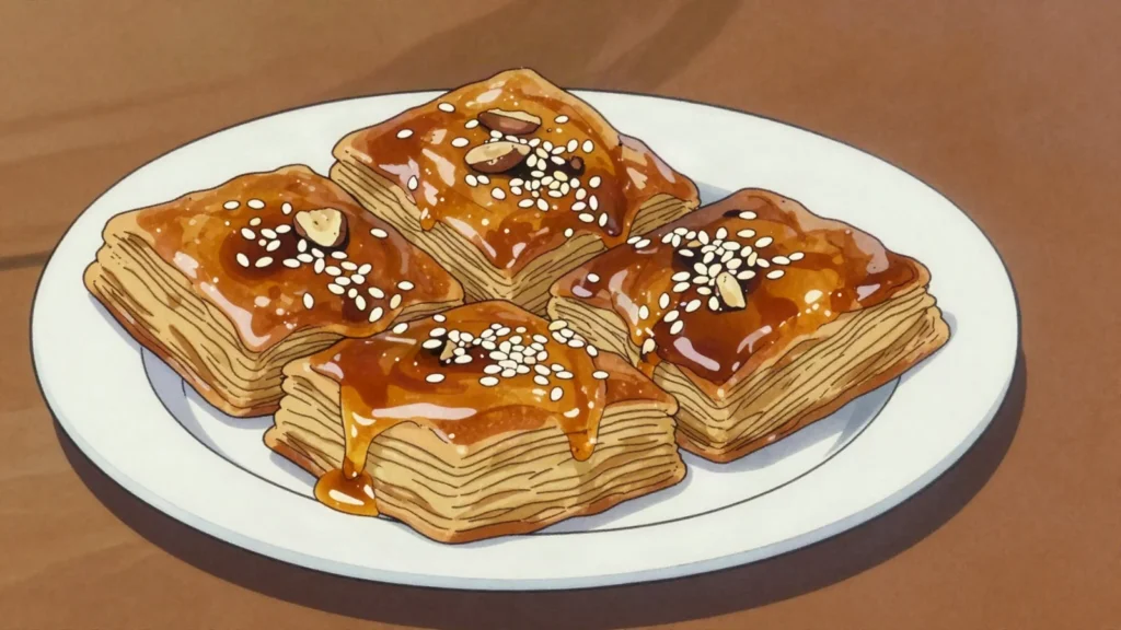Kaesong Yakgwa, deep-fried honey pastry soaked in syrup, dense and chewy, made for, North Korea dessert, anime style